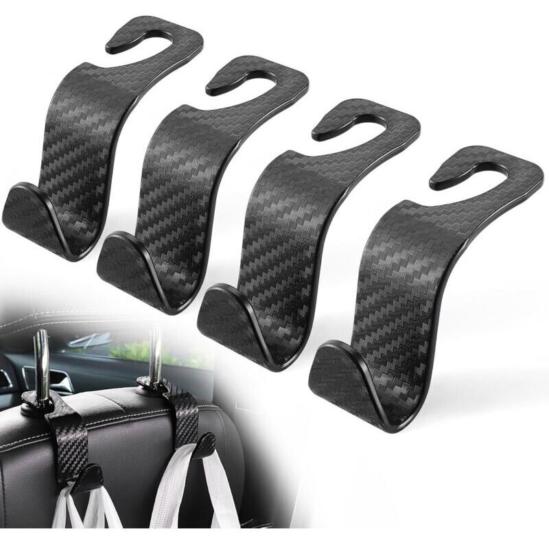 Set of 4 universal hooks for wallets, car seat headrests, coats, umbrellas and shopping – Black carbon fiber