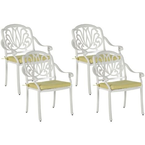 Set of 4 Vintage Garden Outdoor Dining Chairs White Aluminium Cushions Ancona