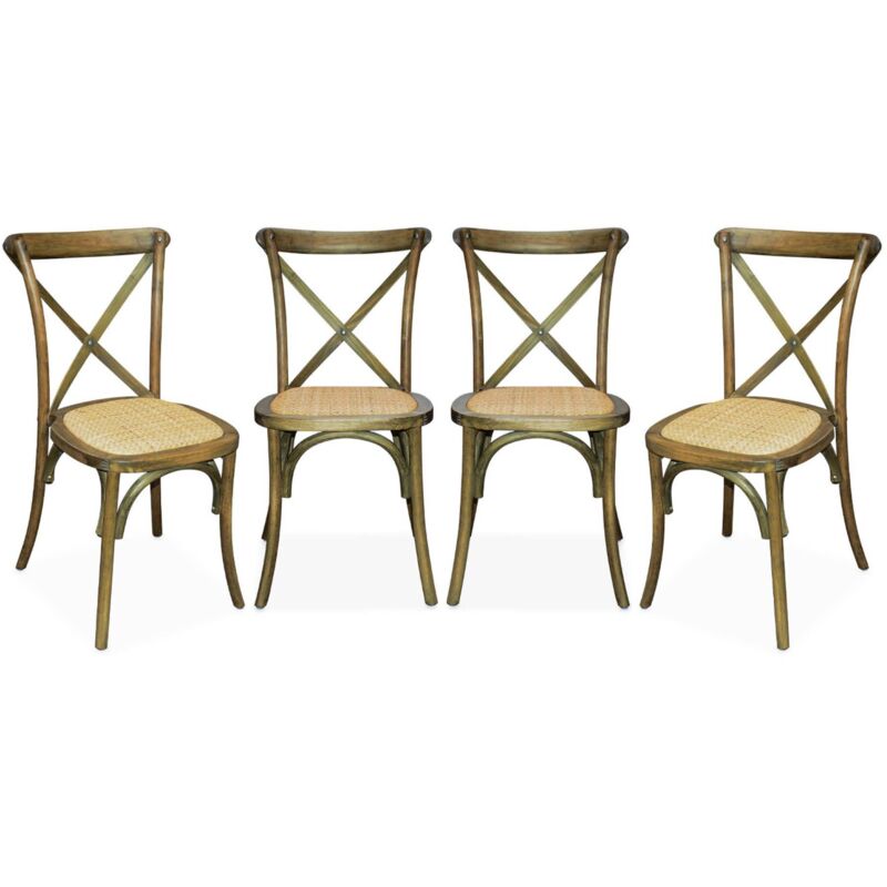 Sweeek Set Of 4 Vintage Brown Wood Bistro Chairs With Rattan Seats, Stackable