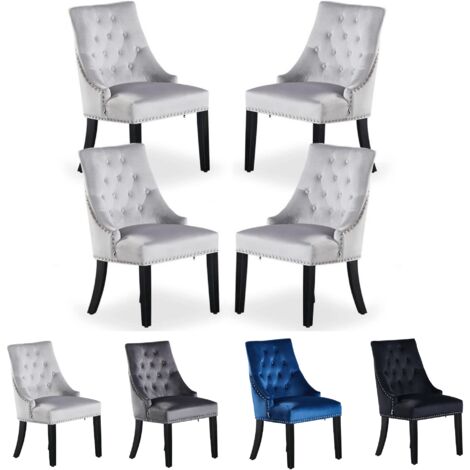 Set of 4 Windsor Velvet Dining Chairs - Ergonomic Scoop Knockerback and Solid Wood Legs - Tufted Side chair for Dining Room Kitchen Living Room - Light Grey