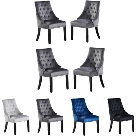 PN HOME 4 Windsor Velvet Dining Chairs W/ Wooden Legs - Ring Knocker Back Dining Room Chair - Upholstered chair - Modern Dining Chair - Kitchen, Living Room - Dark Grey