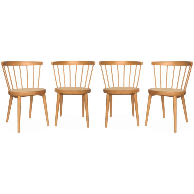 Sweeek Set Of 4 Wooden And Caned Chairs Natural 53x53.5x76 Cm - Nora