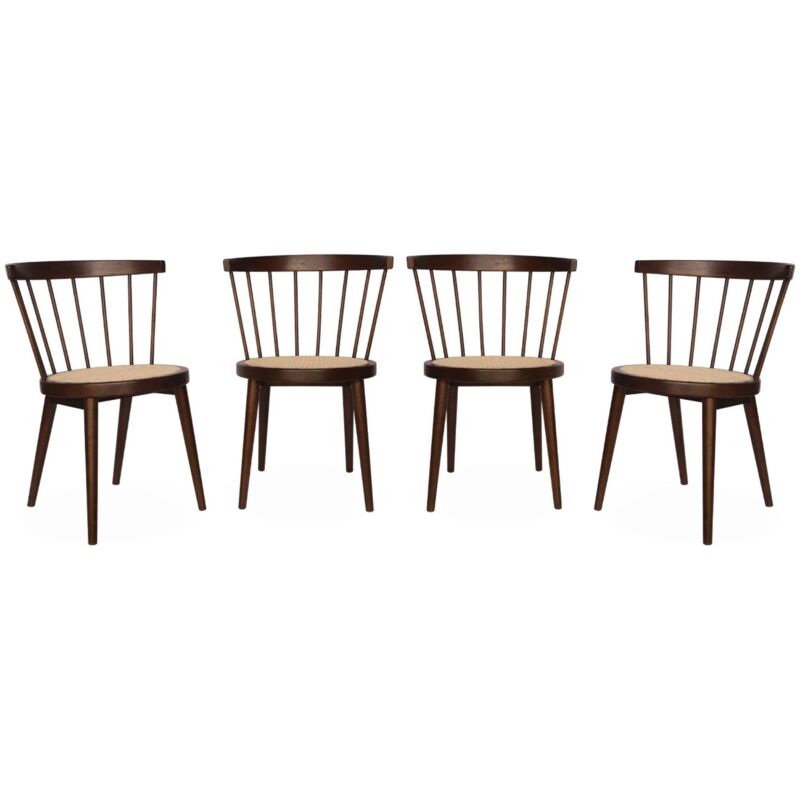 Sweeek Set Of 4 Wooden And Caned Chairs Dark Wood Colour 53x53.5x76 Cm - Nora