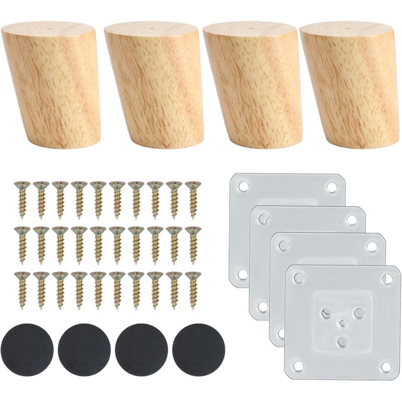 Set of 4 Wooden Furniture Legs 6cm with Mounting Plate, Screws and Non-Slip Mat, Tilted Legs for Sofa, Bed, Cabinet, Tables and Chairs