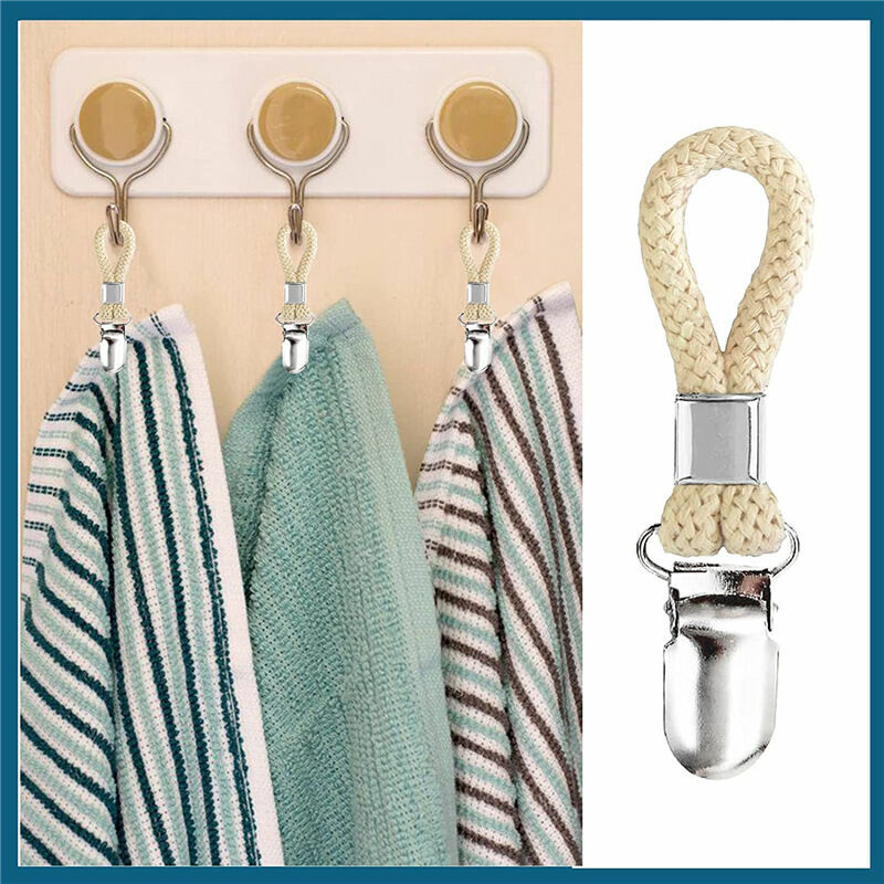 Set of 4 Woven Cotton Towels with Metal Clip Multifunctional Hanger Home Bathroom Kitchen Home Storage Folder