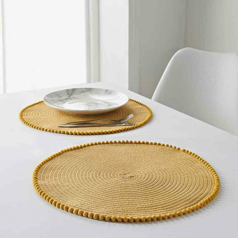 Dylex - Set of 4, Yellow Table Placemats Round Pom Pom