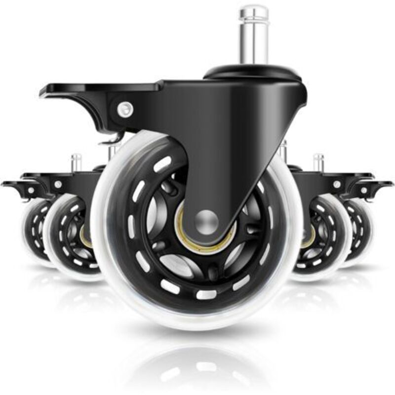 Set of 5 75mm Single Caster Office Chair Wheels with Brake 11mm x 22mm, Swivel Casters, Silent & Smooth Gliding, Casters for Carpets, Tiles, Parquet
