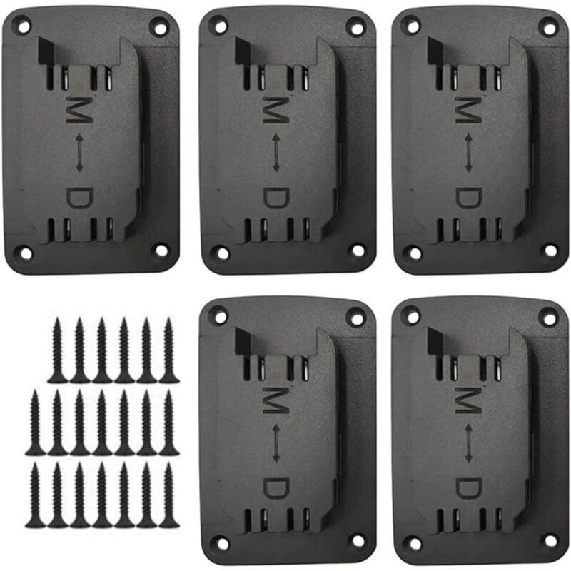Set of 5 battery holders compatible with Dewalt and Milwaukee, battery mounts, wall mounts, tool holders, drill holders, with screws, black