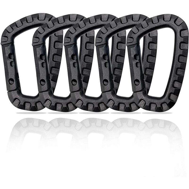Set of 5 black plastic D-shaped carabiners, sturdy and lightweight, versatile outdoor accessories