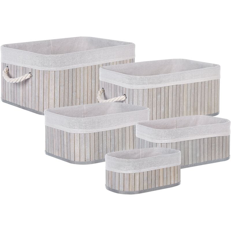 Set of 5 Boho Modern Bathroom Baskets Various Sizes Handles Bamboo Grey Talpe