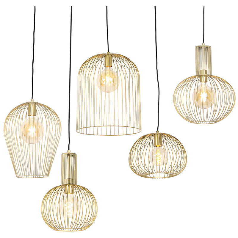Set of 5 design hanging lamps gold - Wires