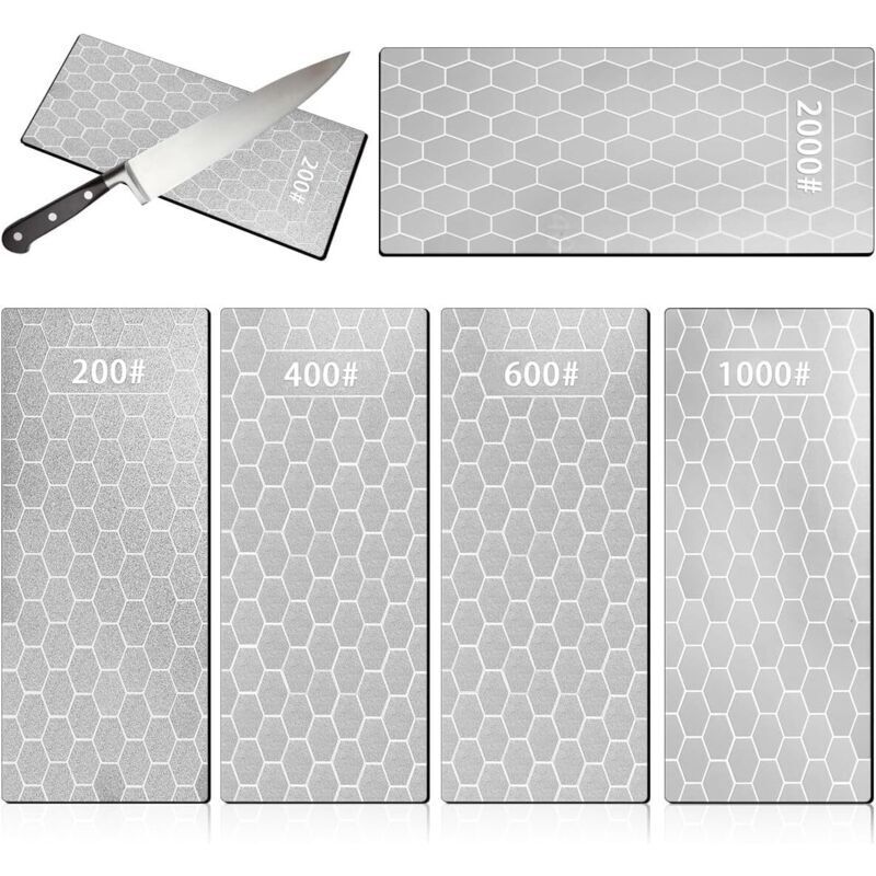 Set of 5 Diamond Sharpening Stones, Diamond Knife Sharpening Plates 200/400/600/1000/2000 Grit, Honeycomb Surface with Non-Slip Base for Scissors,