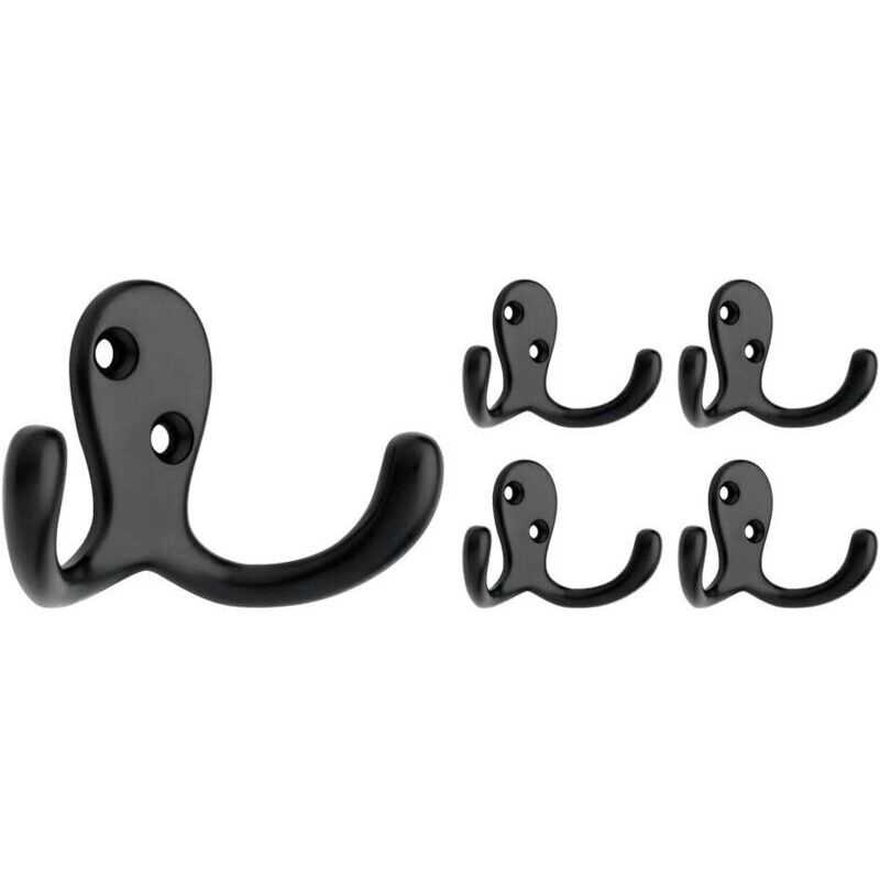 Set of 5 double wall hooks with 2 prongs, black, for hanging clothes, wallets, bags, towels, etc.