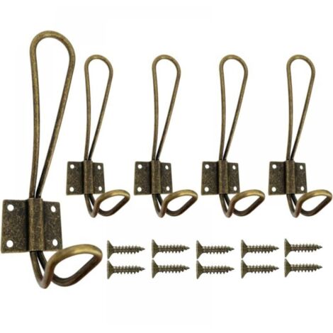 Set of 5 Heavy Duty Bronze Metal Wall Hooks, Double Hooks for Hanging Clothes, Jackets, Robes, Towels, Hats, Keys and Bags
