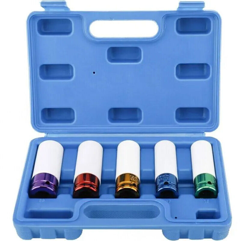 Set of 5 Impact Sockets for Extra Thin Wall Metric Drive Wheel Rims, Sizes 15, 17, 19, 21, 22 mm