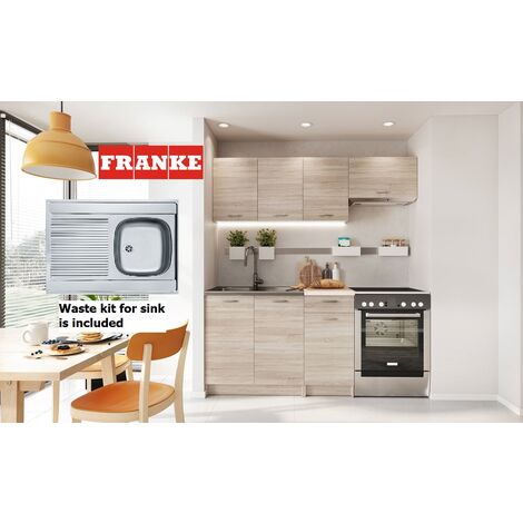 main image of "Set of 5 Kitchen Base and Wall Units - Total length of set 180cm Includes Franke Stainless Steel Kitchen Sink and Waste Kit plus Worktop Finished in Sonoma Oak wood effect laminate finish. Complete cabinets supplied flat packed with plinths, handles and w"