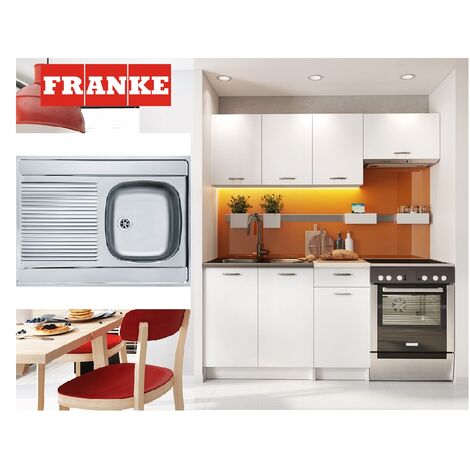 main image of "Set of 5 Kitchen Base and Wall Units - Total length of set 180cm Includes Franke Stainless Steel Kitchen Sink and Waste Kit plus Worktop Finished in White matt effect laminate finish. Complete cabinets supplied flat packed with plinths, handles and workto"