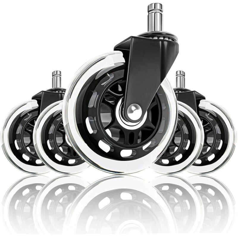 Set of 5 office chair casters with 10mm x 22mm bar - Suitable for all floors - Quiet replacement wheels - Silent casters