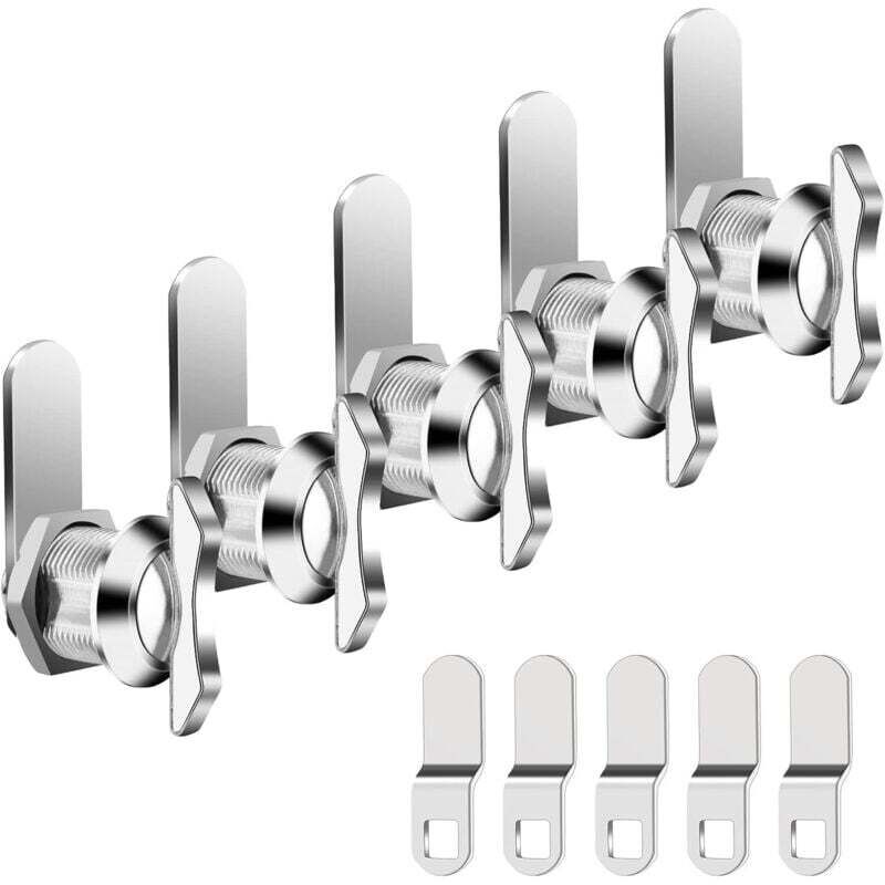 Set of 5 offset cam locks, rotary knob lock for drawers, mailboxes, campervan cabinets, 100% metal replacement lock cylinders for storage doors and