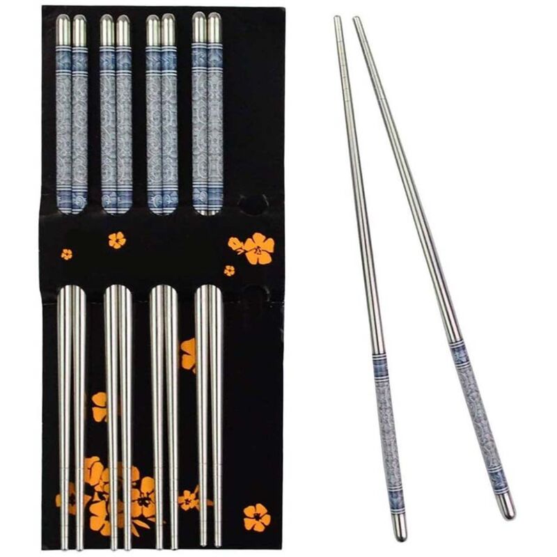 Set of 5 pairs of non-slip stainless steel chopsticks with a blue and white porcelain pattern