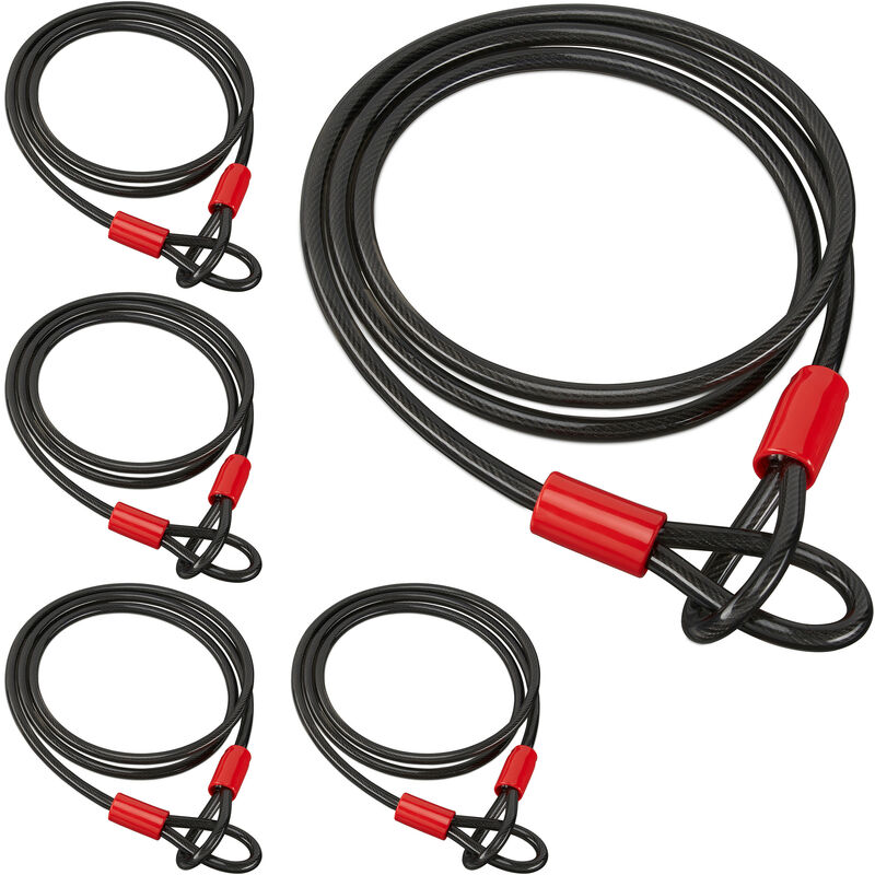 Set of 5 Relaxdays Loop Cable Locks, 2 m, For Bicycle & Luggage, Sleeved Loop Steel Cable, Long Bike Lock, Black