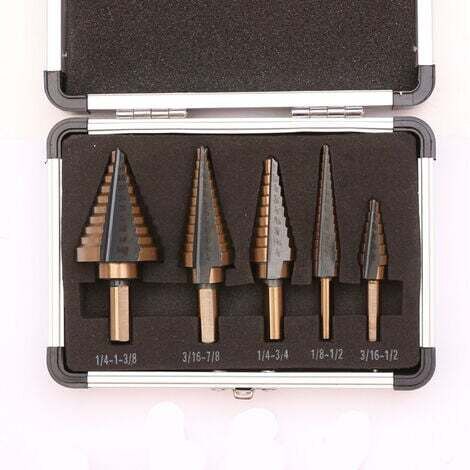 Set of 5 Step Drill Bits, Step Milling Cutters with Titanium Coating for Steel, Wood, Plastic, Brass, Aluminum, PVC, Double-Slotted Conical Cutting Drill Bits