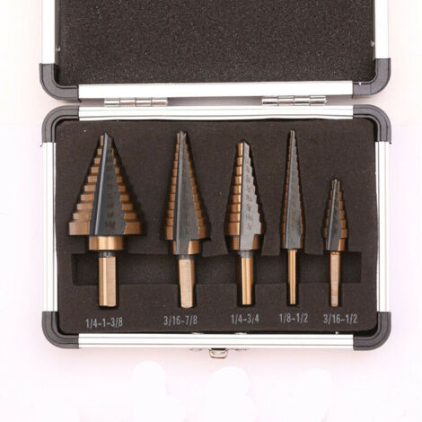 Set of 5 Step Drill Bits, Step Milling Cutters with Titanium Coating for Steel, Wood, Plastic, Brass, Aluminum, PVC, Double-Slotted Conical Cutting Drill Bits