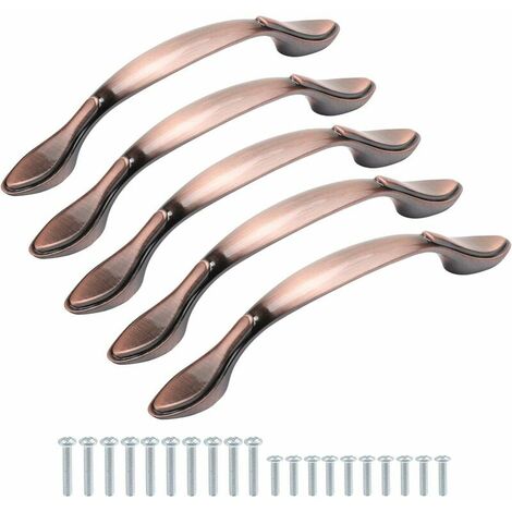 Set of 5 vintage antique bow shaped cabinet handles, furniture door handles, 13 cm long (9.5 cm center of hole), red bronze, 96 mm