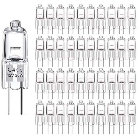 Set of 50 G4 20W 12V halogen bulbs – 300 lumens – dimmable – color temperature 2800K – lifespan up to 3000 hours – pin lamp – transparent capsule for commercial and home lighting