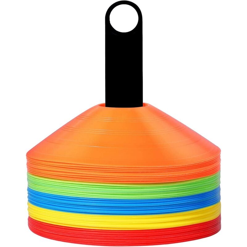 Set of 50 Sport Marking Cones, Safety Cones / Plots for Football, Basketball, Legs, Kids Training, with Stand and Bag
