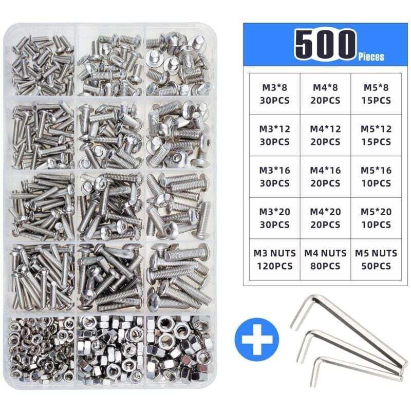 Set of 500 stainless steel bolts M3 M4 M5 – Round and hexagonal head – Tensile strength up to 800 MPa – For mechanical assembly - m3m4m5