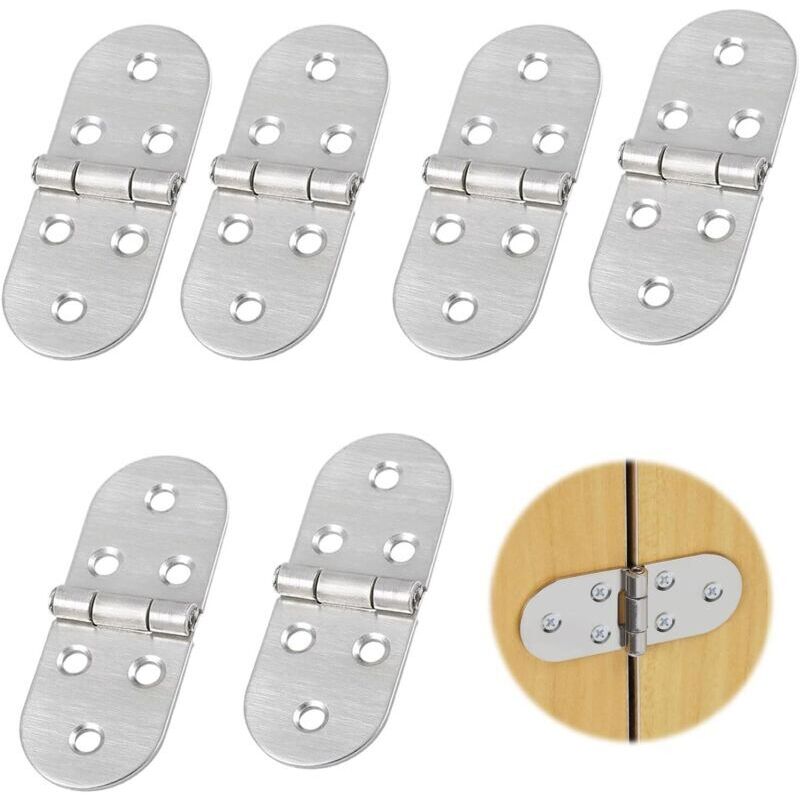 Set of 6 180-degree folding hinges - Mini stainless steel furniture hinges - For folding tables - Round hinge - Silver