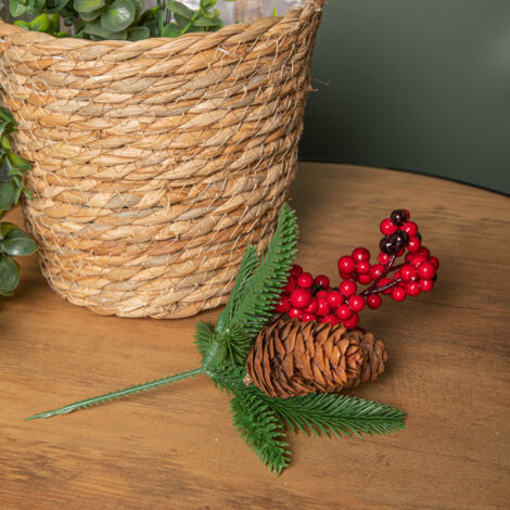 Set of 6 20cm Christmas Pick Decoration with Red Berries and Pinecones