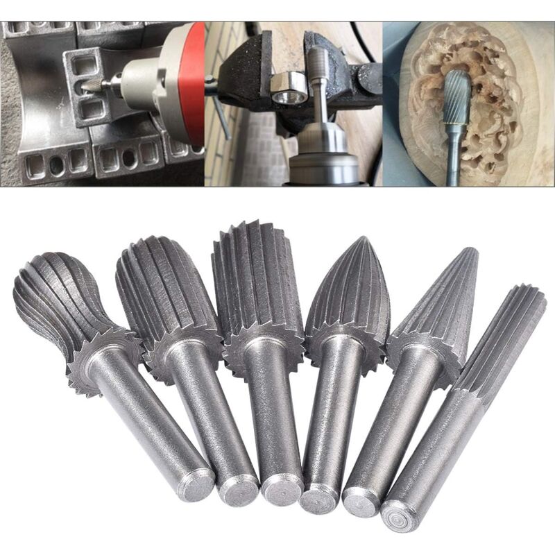 6pcs Double Cut Tungsten Rotary Burr Set 6mm Shank Tungsten File/Engraving/Grinding Bits for Rotary Tools