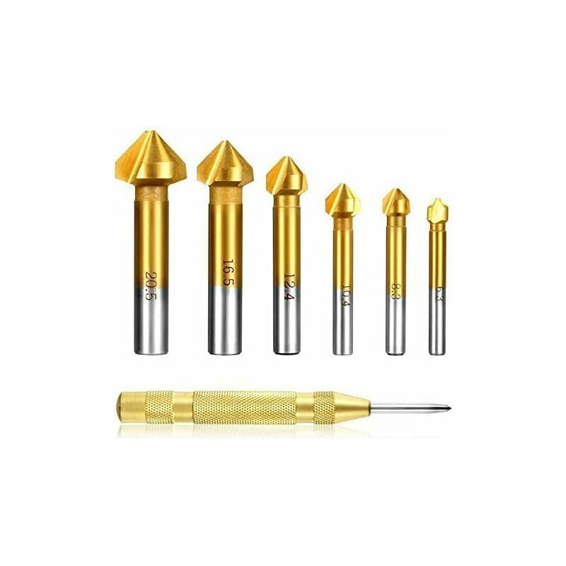 Set of 6 90 ° cutters, set of hss cutters, titanium coatings ø 6.3-20.5 mm milling with 1 pack of automatic central brass punch (milling set + 1