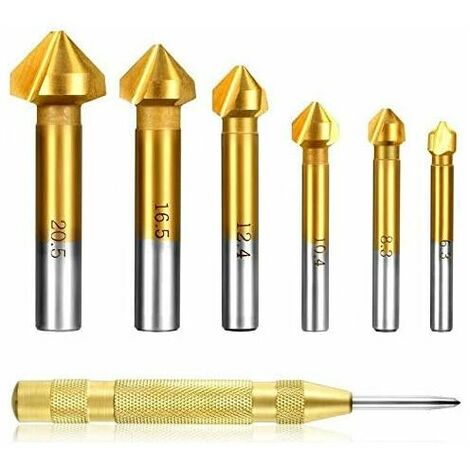 Set of 6 90 ° cutters, set of HSS cutters, titanium coatings Ø 6.3-20.5 mm milling with 1 pack of automatic central brass punch (milling set + 1 punch)