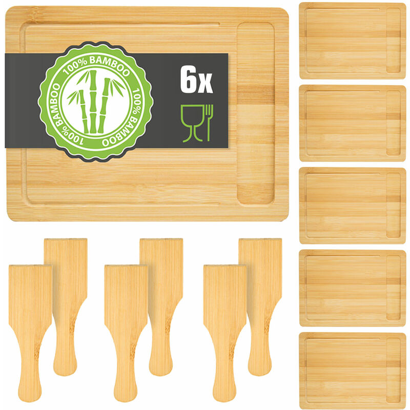 Set of 6: Bamboo Raclette Plate with Spatula - 30x22 Wooden Raclette Pan Coaster - braun