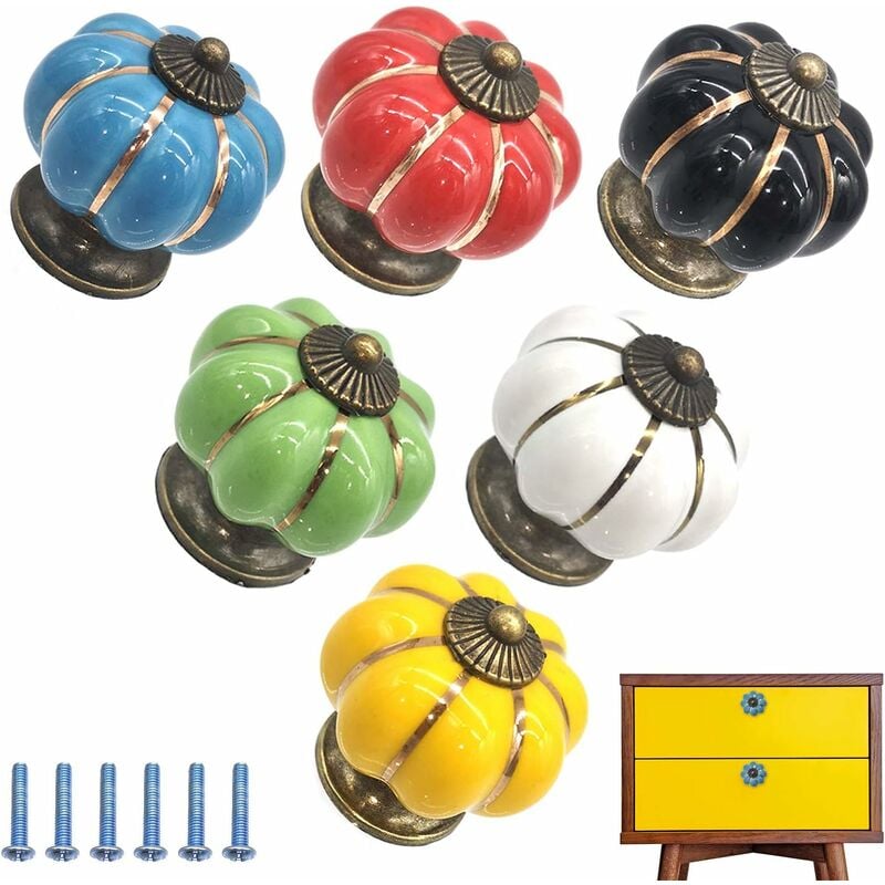 Set of 6 Ceramic Pumpkin Shaped Drawer Knobs for Dresser and Closet Renovation (Green, White, Blue, Black, Red and Yellow)