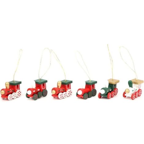 Set of 6 Cute Wooden Mini Trains, Kids Gift Toy Steam Train Red Ornament for Christmas Party Kindergarten Decorations (Red)