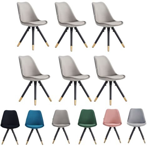 Set of 6 Dark Grey Sofia Ergonomic Modern Dining Chairs Upholstered in Velvet, Metal Legs with Gold End Tips