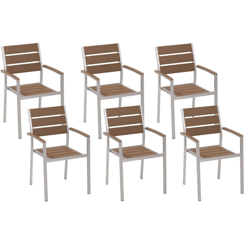 Set of 6 Modern Outdoor Dining Chairs Aluminium Light Wood and Silver Vernio