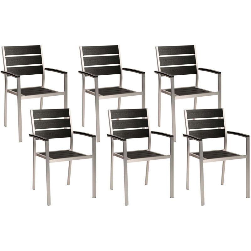 Beliani Set Of 6 Modern Outdoor Dining Chairs Plastic Wood Aluminium Silver Frame Black Vernio