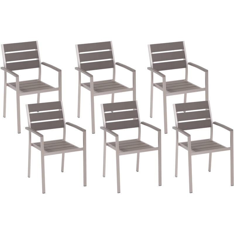 Set of 6 Modern Outdoor Dining Chairs Plastic Wood Aluminium Frame Grey Vernio