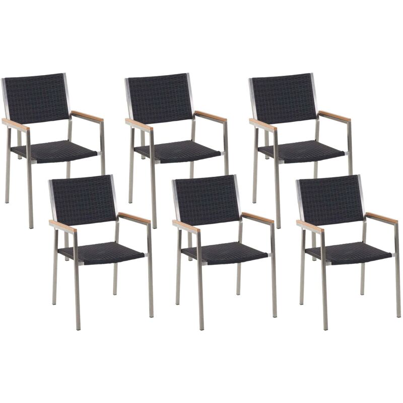 Beliani Set Of 6 Modern Outdoor Garden Dining Chairs Pe Rattan Steel Black Grosseto