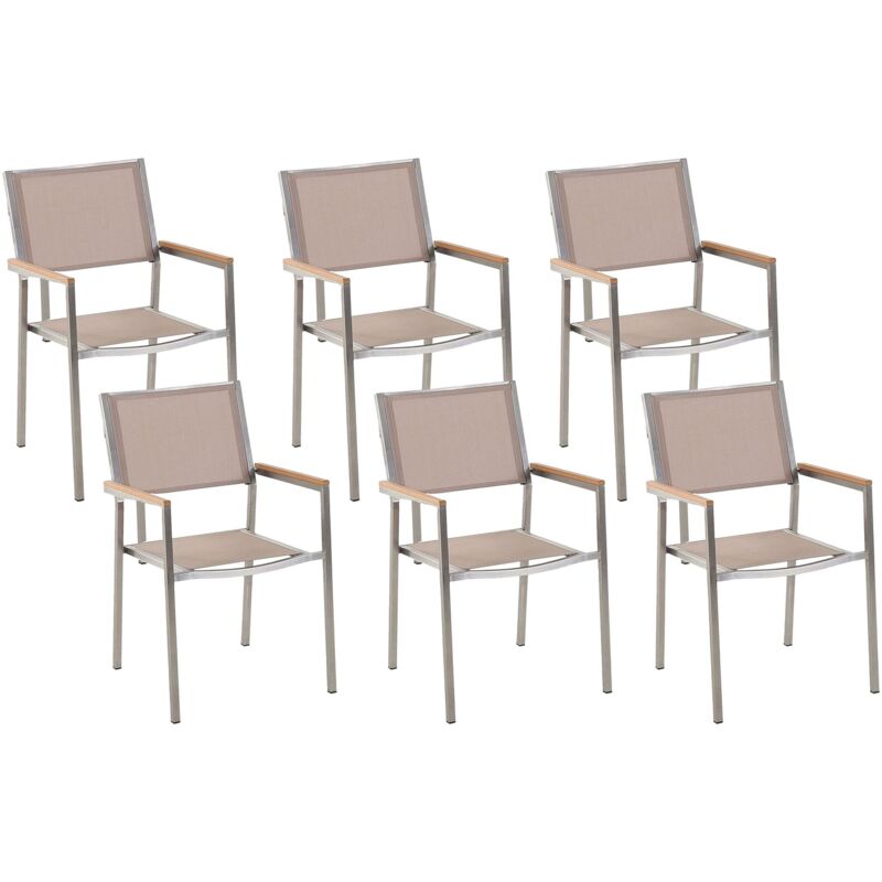 Beliani Set Of 6 Garden Dining Chairs Beige And Silver Textile Seat Stainless Steel Legs Stackable Outdoor Resistances Grosseto