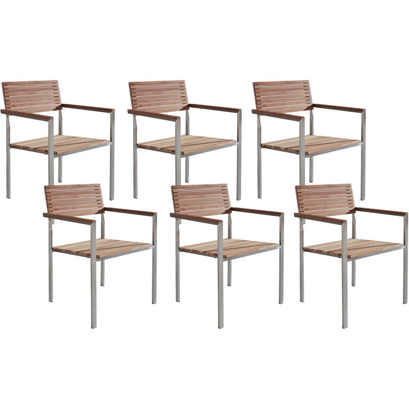 Set of 6 Modern Garden Dining Chairs Silver Stainless Steel Teak Solid Wood Viareggio