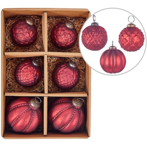 Set of 6 Glass Christmas Handmade Balls Baubles Xmas Tree Hanging Decorations Red Argentin