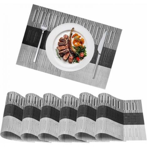 Set of 6 Grey PVC Placemats, Washable Heat Resistant Non-Slip Table Mats Decoration, Easy to Clean and Store, for Home Kitchen Restaurant Wedding