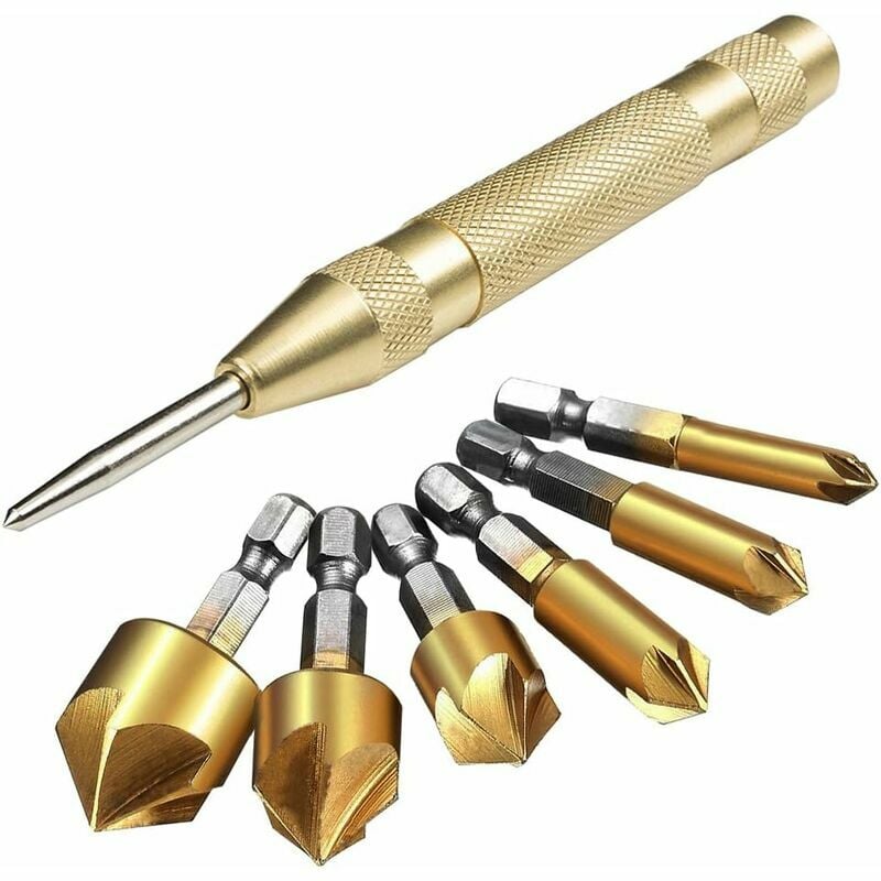 Hoopzi - Set of 6 hss 5 Hex Shank Countersink Drill Bits with Automatic Center Punch 5' Deburring Tools for Steel Wood Plastic