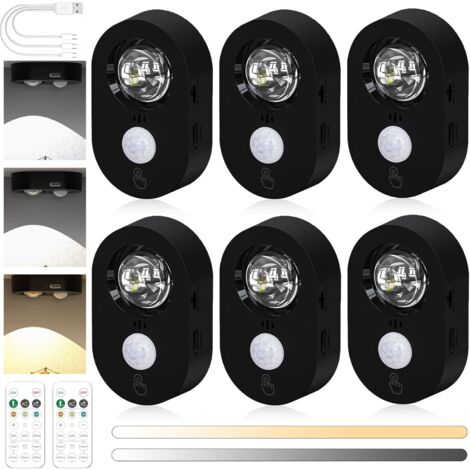 Set of 6 LED spotlights with USB motion sensor - Wireless - With remote control - Dimmable cabinet lighting - Night light for cabinet, shelf, display case (black)